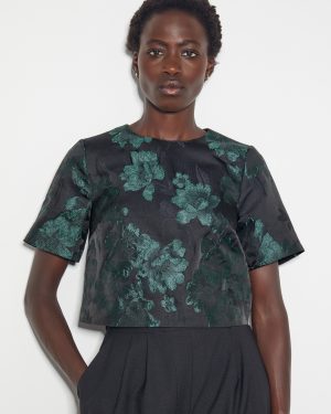 Julie Jacquard Short Sleeve Crop Top Green