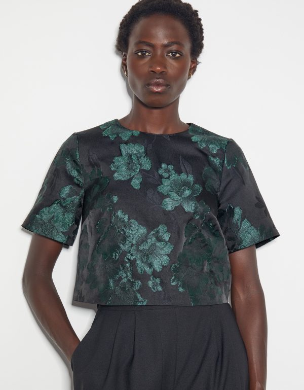 Julie Jacquard Short Sleeve Crop Top Green