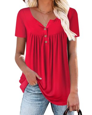 KISSMODA Short Sleeve Shirts for Women Tunic Tops Buttons Up Red Large