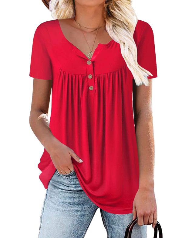 KISSMODA Short Sleeve Shirts for Women Tunic Tops Buttons Up Red Large