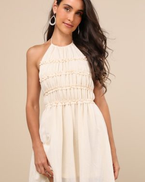 Kallina Cream Ruffled Halter Neck Mini Dress