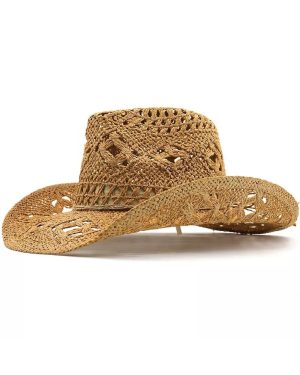 (Khaki) Outdoor Fashion Straw Cap Wide Brim Western Cowboy Hat Sun Protection Jazz Hat