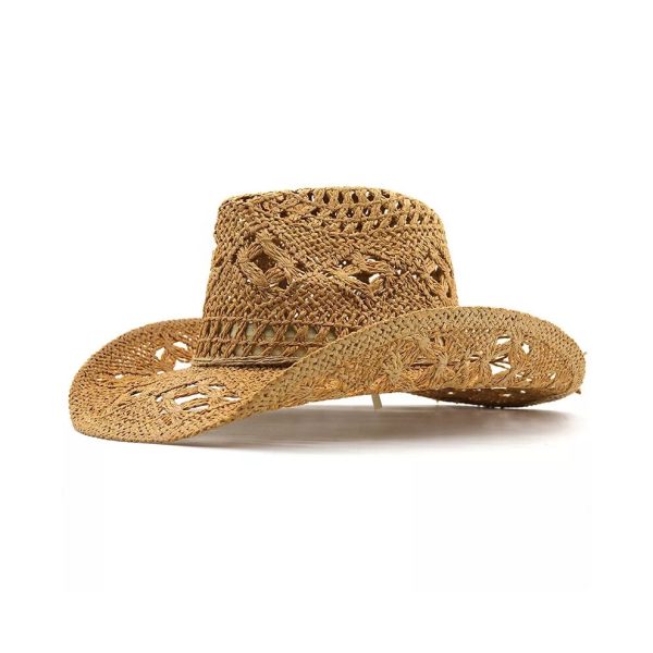 (Khaki) Outdoor Fashion Straw Cap Wide Brim Western Cowboy Hat Sun Protection Jazz Hat