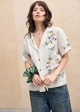Kimchi Blue Emily Embroidered Skate Shirt - Ivory XS at Urban Outfitters