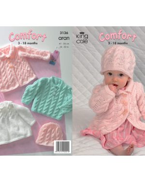 King Cole 3136 Aran Knitting Pattern Baby Coat Dress Sweater & Hat