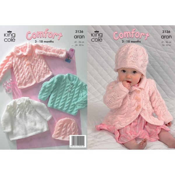 King Cole 3136 Aran Knitting Pattern Baby Coat Dress Sweater & Hat