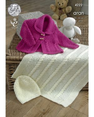 King Cole 4222 Aran Knitting Pattern Baby Jacket Blanket & Hat