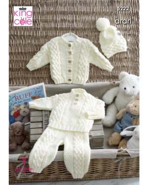 King Cole 5222 Aran Knitting Pattern Baby Sweater Jacket Trousers Hat