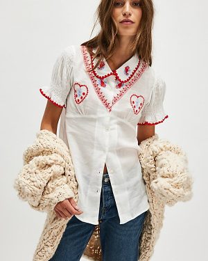 Kinga Csilla Minnie Embroidered Heart Blouse at Free People in Ivory, Size: XS