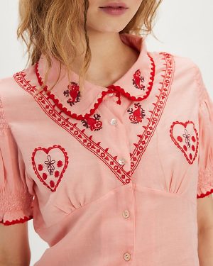 Kinga Csilla Minnie Embroidered Heart Blouse at Free People in Pink, Size: Small