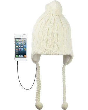 KitSound Audio Knit Bobble Cable Knit Beanie with Built-In Headphones - Cream