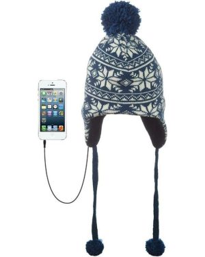 KitSound Audio Peruvian Cable Knit Beanie with Built-In Headphones - White/Navy