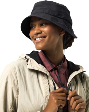 (L, Black) Jack Wolfskin Womens Summer All Round Visor Adjustable Chin Strap Sun Hat