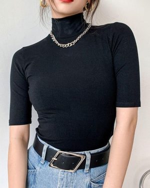 (L, black) Autumn Three Quarter Solid Casual Cotton Knitted Top Turtleneck White Tops For Women Corset Top Conmmute Clothes Women 15637
