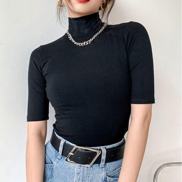 (L, black) Autumn Three Quarter Solid Casual Cotton Knitted Top Turtleneck White Tops For Women Corset Top Conmmute Clothes Women 15637