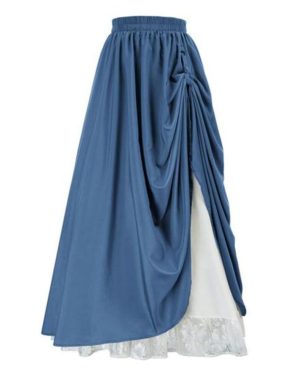 (L, blue) Women Lace Stitching Side Pleated Maxi Skirt Solid Color Double Layer Long Skirt Elastic High Waist Retro A Line Skirt