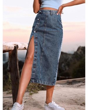 (L, dark blue) Women Fashion High Waist Denim Skirt Slit Long Jean Skirt