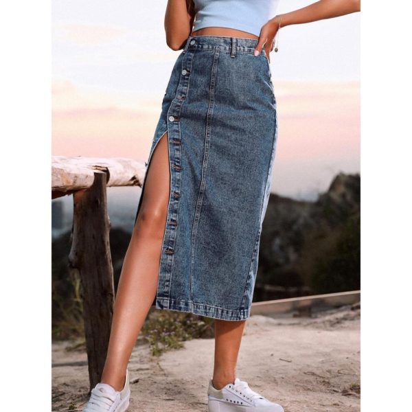 (L, dark blue) Women Fashion High Waist Denim Skirt Slit Long Jean Skirt