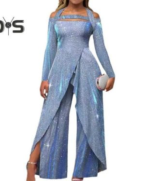 (L, sky blue) Women Jumpsuit Hollow Out Shiny Sequin Tight Mid Waist Halter Neck Wide Leg Long Sleeve Split Irregular Ankle Length Lady Party Prom Jum
