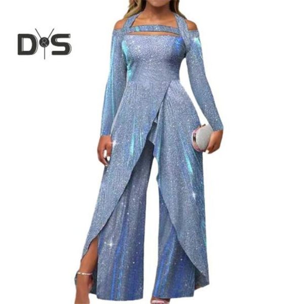 (L, sky blue) Women Jumpsuit Hollow Out Shiny Sequin Tight Mid Waist Halter Neck Wide Leg Long Sleeve Split Irregular Ankle Length Lady Party Prom Jum