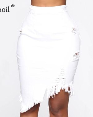 (L, white) Asymmetric Cotton Black White Hole Denim Midi Skirt With Tassel Streetwear High Waist Wash Distressed Women Bodycon Skirt