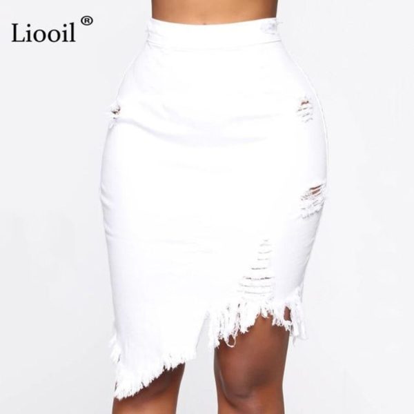 (L, white) Asymmetric Cotton Black White Hole Denim Midi Skirt With Tassel Streetwear High Waist Wash Distressed Women Bodycon Skirt
