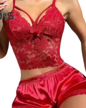 (L, wine red) 2 Pcs/Set Women Pajama Set Hollow Out Lace V Neck Backless Sleeveless Crop Top High Waist Satin Shorts Home Vacation Valentines Day Anni