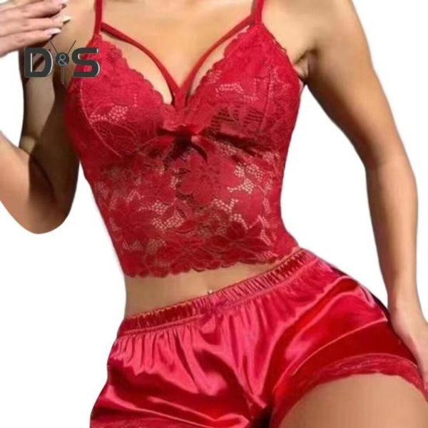 (L, wine red) 2 Pcs/Set Women Pajama Set Hollow Out Lace V Neck Backless Sleeveless Crop Top High Waist Satin Shorts Home Vacation Valentines Day Anni