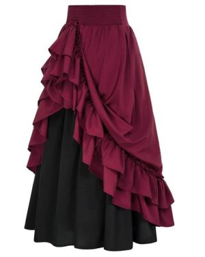 (L, wine red) Women's Steampunk Maxi Skirt Elastic High Waist Tiered Skirt Irregular Ruffle A-line Dress Retro Stage Show Skirt