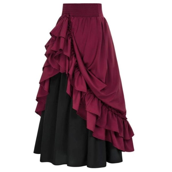 (L, wine red) Women's Steampunk Maxi Skirt Elastic High Waist Tiered Skirt Irregular Ruffle A-line Dress Retro Stage Show Skirt
