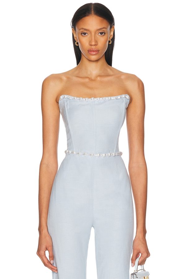 La Porte Birkin Pearl Corset Top in Cashmere Blue - Baby Blue. Size L (also in M, S, XS).