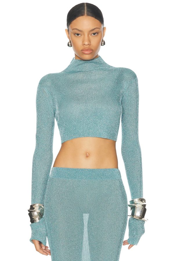 LaQuan Smith Long Sleeve Mock Neck Crop Top in Sky - Blue. Size S (also in ).