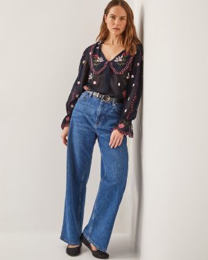 Laila Sheer Embroidered Collar Blouse Black