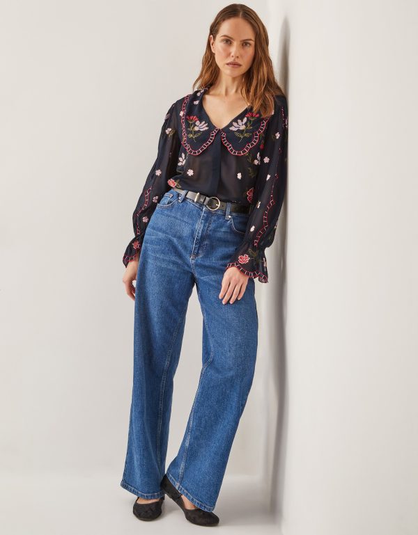 Laila Sheer Embroidered Collar Blouse Black