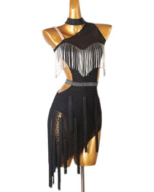 Latin Dance Costume Black Women's Rhinestones Fringe Backless Bodycon Sexy Polyester Dress Dancing Costume