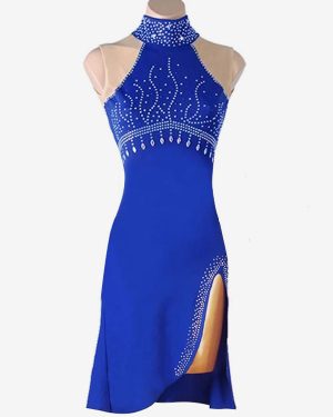Latin Dance Costume Blue Women's Rhinestones High-slit Bodycon Sexy Polyester Dress Dancing Costume