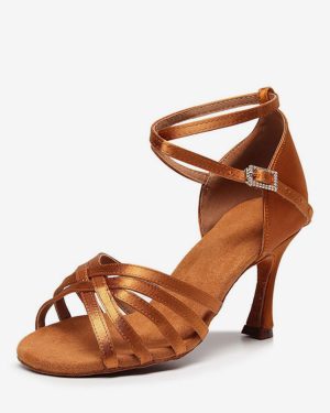 Latin Dance Shoes Coffee Brown Peep Toe Stiletto Heel Satin Ballroom Dance Latin Shoes
