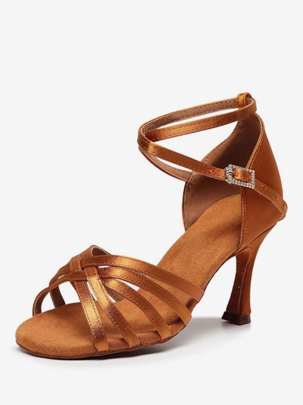 Latin Dance Shoes Coffee Brown Peep Toe Stiletto Heel Satin Ballroom Dance Latin Shoes