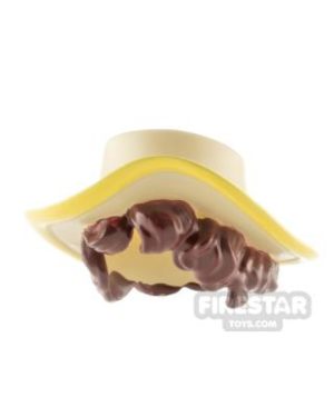 LeYiLeBrick Minifigure Headgear Straw Hat with Brown Hair TAN