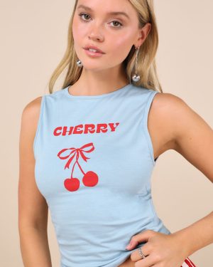 Leen Light Blue Cherry Graphic Tank Top