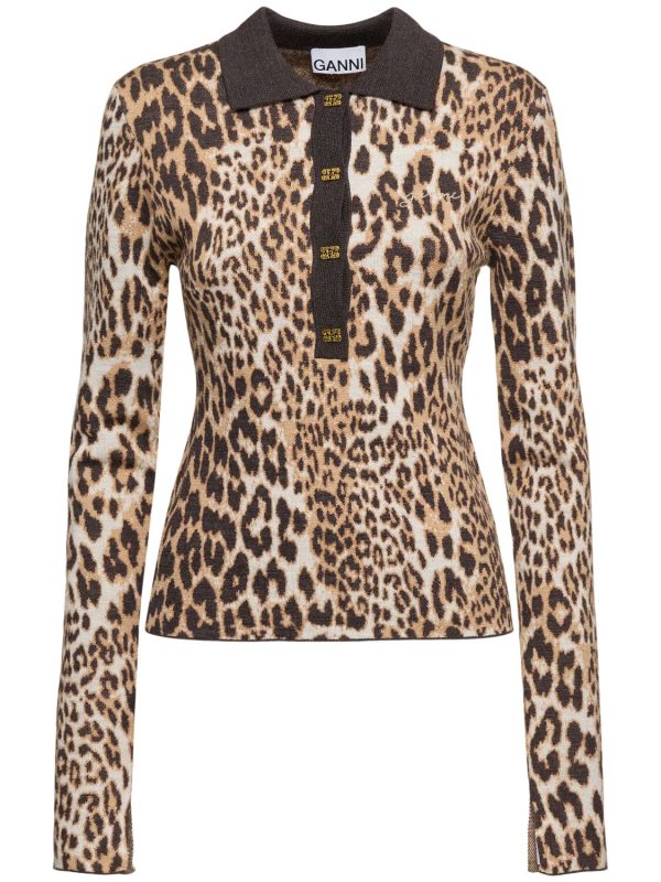 Leopard Jacquard Wool Polo Top