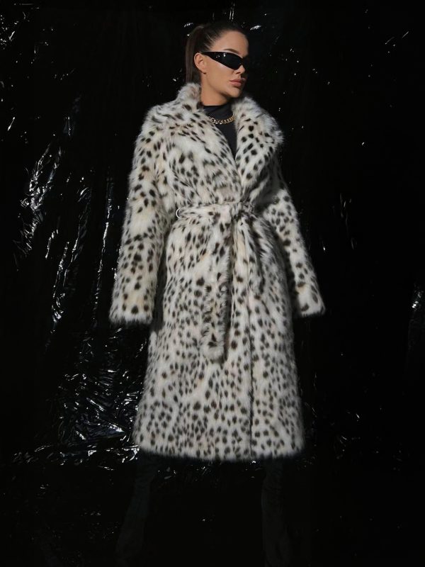 Leopard Print Faux Fur Coats Oversized Lapel Winter Belted Long Jacket For 2025