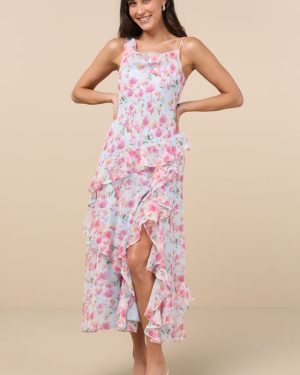 Levina Light Blue Floral Asymmetric Ruffled Midi Dress