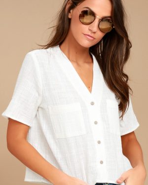 Lift My Spirits White Button-Up Crop Top