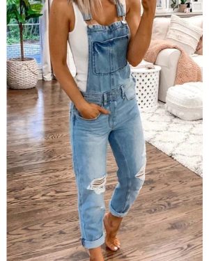 (Light Blue, 5XL = 20) Plus Size Womens Ripped Denim Jumpsuit Romper Dungaree Overalls Bib Jeans Pants