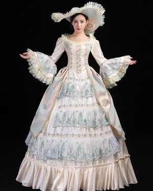 Light Green Retro Tudor Dress Costumes Lace Marie Antoinette Costume Polyester Floral Print Hat Women's Euro-Style Tunic Vintage Clothing