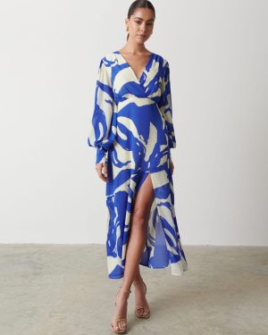 Lilianna Backless Balloon Sleeve Printed Dress - Blue Abstract, 26