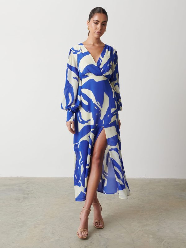 Lilianna Backless Balloon Sleeve Printed Dress - Blue Abstract, 26
