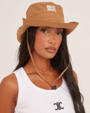 Logo Detail Drawstring Bucket Hat In Tan Brown, Women's Size UK One Size