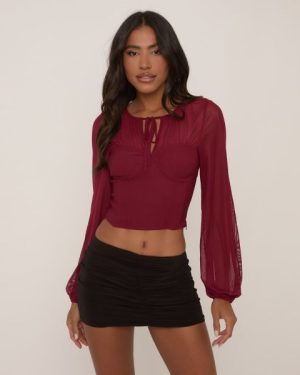 Long Puff Sleeve Tie Front Corset Top In Burgundy, Women's Size UK 6